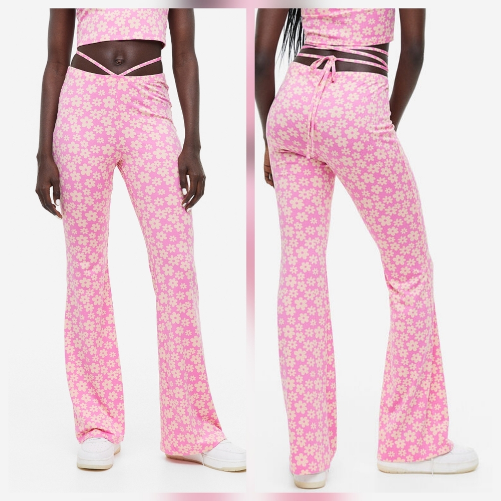 H&M Divided Floral Flare Pants Tie Detail Size Medium NWT